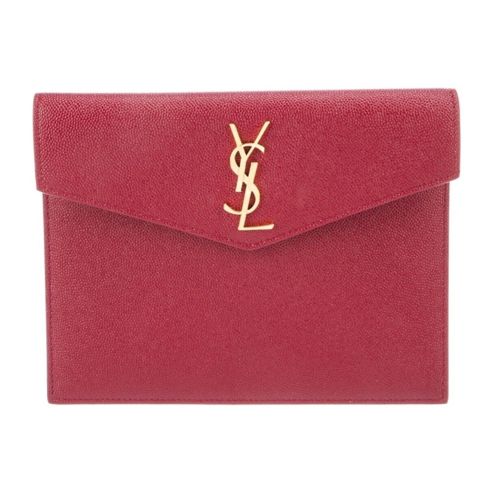SAINT LAURENT YSL Monogram Pebbled Leather Uptown Baby Pouch Clutch Red